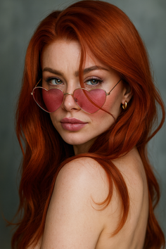 Woman with long red hair and heart-shaped glasses looking over her shoulder