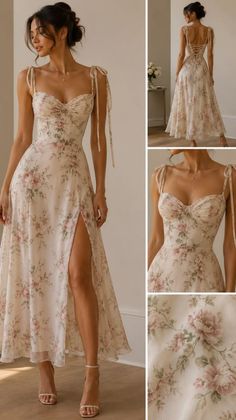 Woman in a floral dress with a high slit and lace-up back indoors