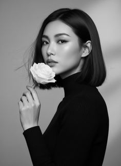 Woman with short hair in a black turtleneck holding a white rose