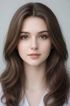 Close-up portrait of a young woman with long brown hair and brown eyes