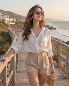 Woman in a white shirt and khaki shorts on a wooden boardwalk at golden hour