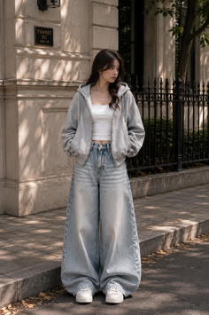 Woman in a grey hoodie and wide leg jeans standing on a street