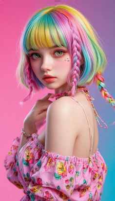 Woman with rainbow hair and braids wearing a pink floral dress