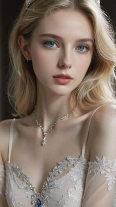 Blonde woman with blue eyes wearing a tiara and a white lace dress
