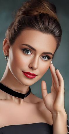 Woman with an updo, red lipstick, and a black choker