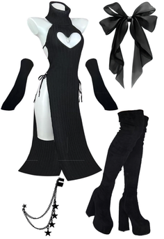 Black dress with heart cutout, thigh-high boots, and accessories on a mannequin