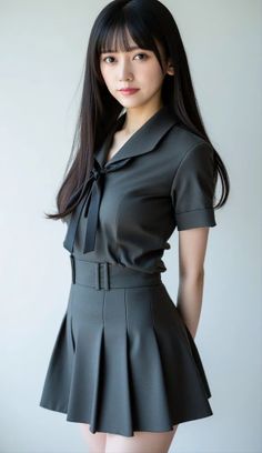 Woman with long black hair wearing a dark gray pleated skirt and short sleeve shirt