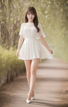 Woman in a white dress and high heels walking on a path outdoors