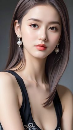 Woman with long brown hair and pearl earrings wearing a black top