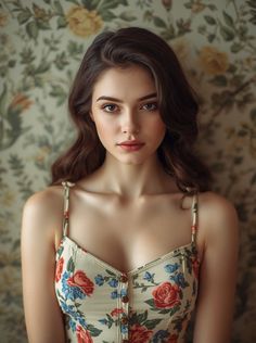 Woman with long wavy hair wearing a floral top against a floral wallpaper background