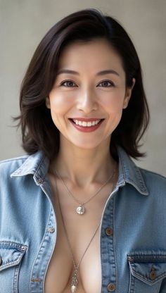 Woman with short hair and a denim shirt with exposed cleavage