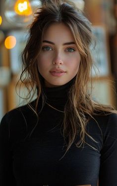 Woman with long brown hair and green eyes wearing a black turtleneck