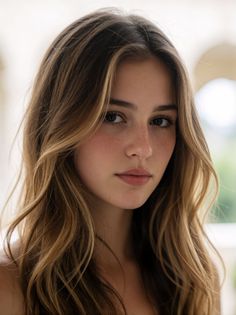 Close-up portrait of a young woman with long wavy hair and freckles