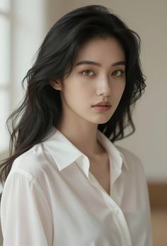 Woman with long black hair wearing a white shirt, captured in a portrait shot