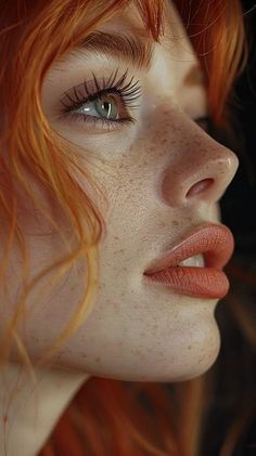 Close up profile of a woman with red hair, freckles, and green eyes
