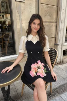 Woman in a black dress and white shirt sitting at an outdoor cafe table with pink flowers