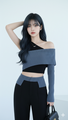 Woman with long dark hair wearing an off-shoulder top and black pants