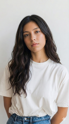 Woman with long dark hair wearing a white t-shirt and blue jeans