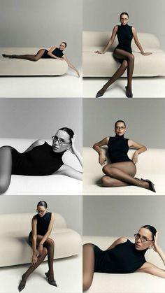 Woman in a black bodysuit and tights posing on a couch in a studio