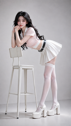 Woman with long black hair in a pleated skirt and thigh-high socks posing with a stool