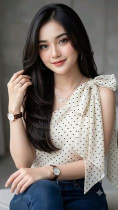 Woman with long dark hair wearing a polka dot top with a bow detail