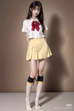 Woman in a school uniform with a red bow and knee-high socks