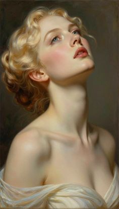 Illustration of a woman with blonde hair looking up, with bare shoulders