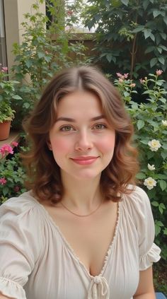Smiling woman with short brown hair in a garden with flowers