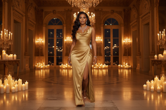 Woman in a gold dress and jewelry in an elegant room lit by candles