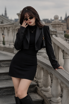 Woman in a black dress and cropped blazer posing on a stone balustrade