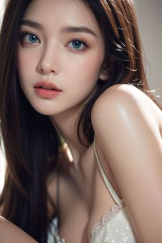 Woman with long dark hair and blue eyes in a white top with soft lighting