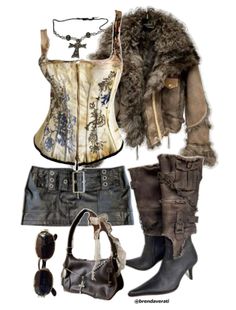A gothic-style outfit featuring a corset, fur jacket, leather skirt, and boots