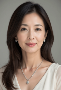 Woman with long dark hair wearing a white top and diamond jewelry