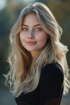 Woman with blonde hair and blue eyes wearing a black top, looking at the camera