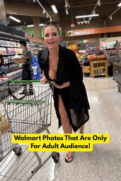 Woman in a black dress with cleavage exposed in a supermarket