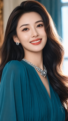 Woman with long wavy hair wearing a teal dress and diamond jewelry