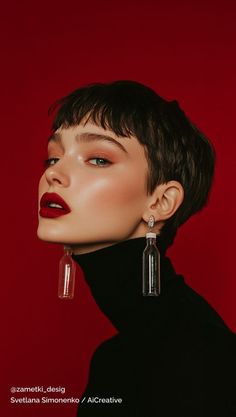 Woman with short hair and red lipstick wearing a black turtleneck and bottle earrings