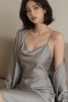 Woman with short hair wearing a silver cowl neck dress and matching robe