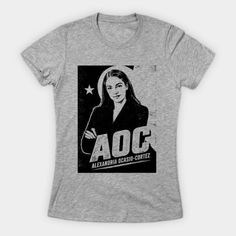 Gray t-shirt with a black and white graphic print of a woman in a suit