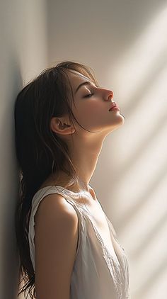 Woman with long hair and closed eyes, bathed in soft backlight indoors
