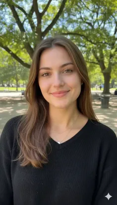 Woman with long brown hair wearing a black sweater in a park