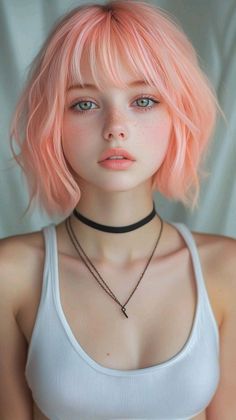 Woman with pink short hair and freckles wearing a tank top and choker