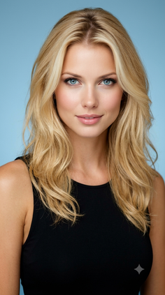 Woman with blonde hair and blue eyes wearing a black top against a blue background