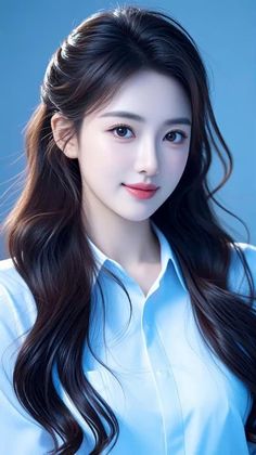 Woman with long dark hair wearing a light blue collared shirt against a blue background