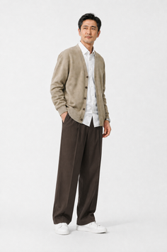 Man in a beige cardigan, white shirt, and brown pants on a white background