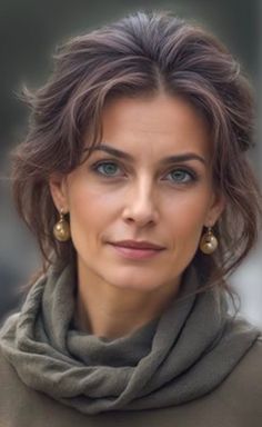 Woman with brown hair and green eyes wearing a scarf and gold earrings