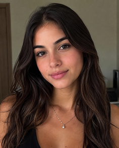 Woman with long dark hair and a pearl necklace, captured in a portrait