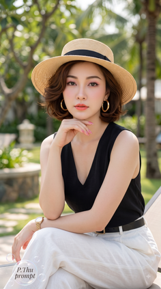 Woman in a straw hat and black top posing outdoors