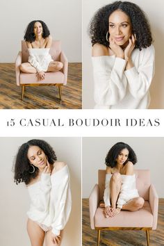 Woman with curly hair in an off-shoulder white sweater posing in a pink chair