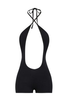 Black halter neck bodysuit with a deep cut and short length